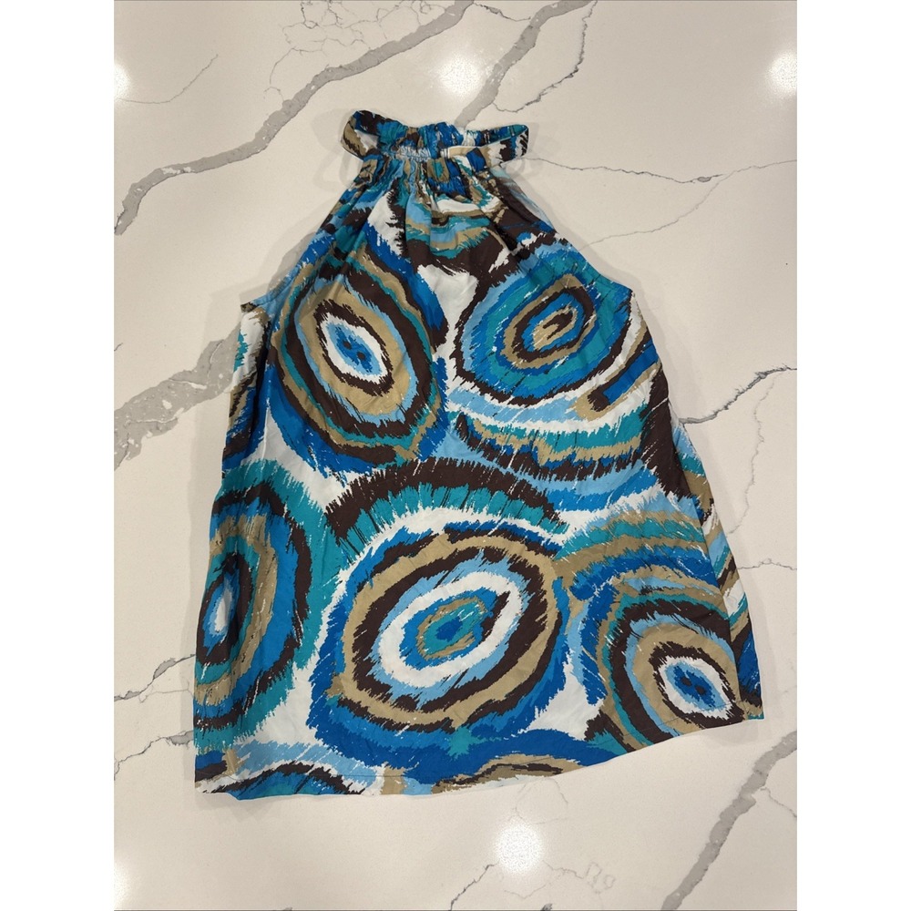 Michael Kors 100% Silk Halter Top Blue Brown Abstract Print Sleeveless Blouse XS
